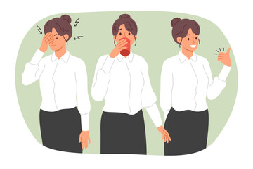 Obraz premium Business woman with headache or migraine drinks medicine and feels better, showing thumbs up gesture. Girl office clerk before and after taking headache pills, ready to start work.