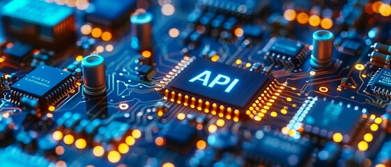 A close-up view with the acronym API displayed on a microchip, representing the concept of Application Programming Interface.
 - obrazy, fototapety, plakaty