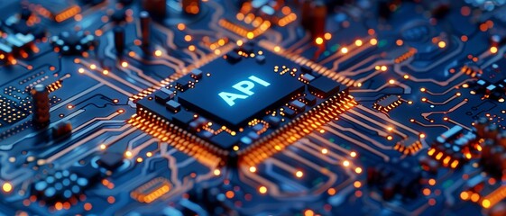 A close-up view with the acronym API displayed on a microchip, representing the concept of Application Programming Interface.
 - obrazy, fototapety, plakaty