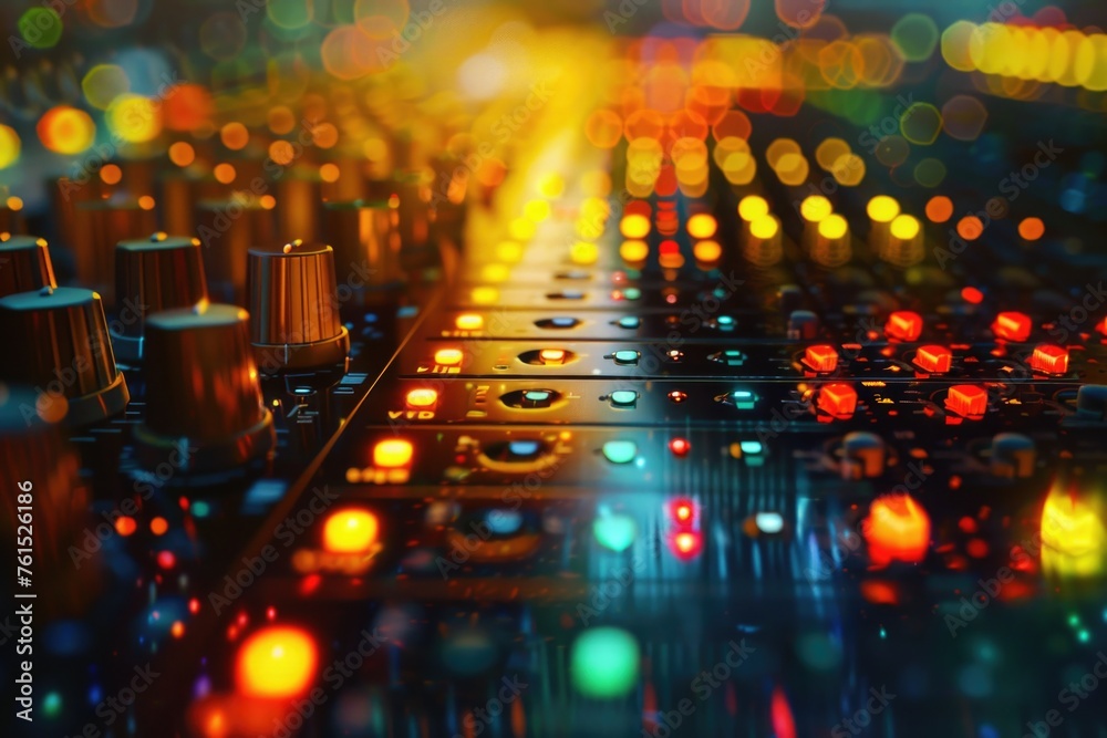 Poster Close up of a mixer with colorful lights in the background. Suitable for party or event concepts