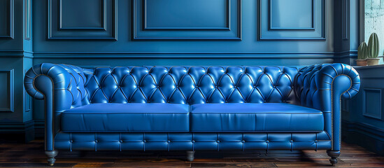 modern living room with blu sofa and blu wall