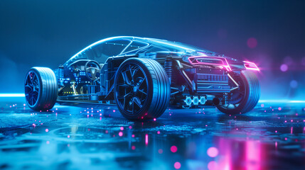 The conceptual image of a futuristic car displays a transparent view of its intricate inner mechanics and glowing neon lights, a dynamic and high-tech representation of the future of automotive design