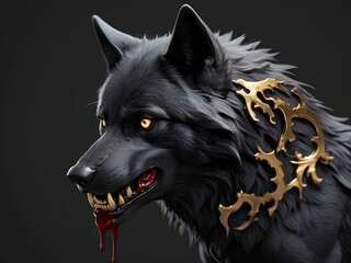 Sticker style, black wolf, full hd, 4k, with gold and blood, avec du sang qui coule de sa bouche, la lettre N en noir et or incruste dans le  - obrazy, fototapety, plakaty