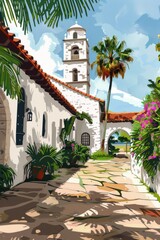 A painting depicting a Spanish colonial style mission building with white stucco walls and a clock tower in the background