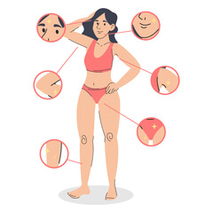 Confident woman after hair removal vector isolated. Illustration of a female person in swimwear without hair on body after laser depilation. Epilation procedure advertising.