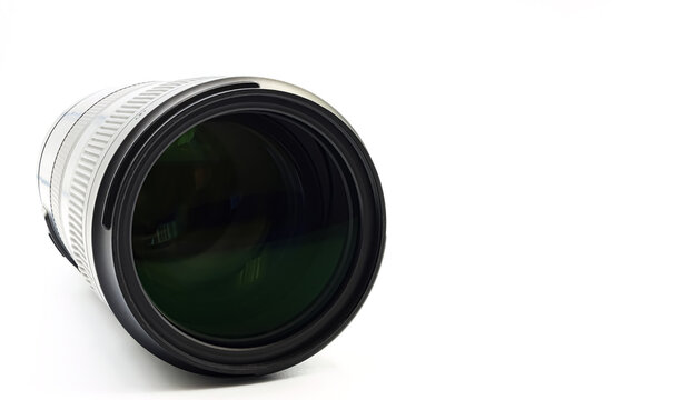 Close-up of a photographic camera lens. Large copy space