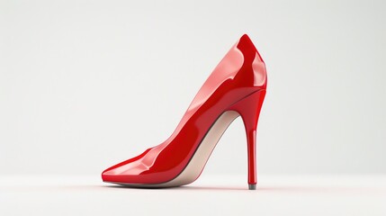 A red high heeled shoe on a white surface. Suitable for fashion or footwear concepts
