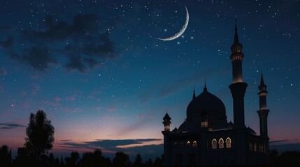 A serene night scene with a mosque and a crescent moon. Ideal for religious or spiritual concepts - obrazy, fototapety, plakaty
