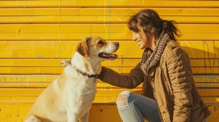 A Young woman smiling and holding a dog in front of a yellow wall
