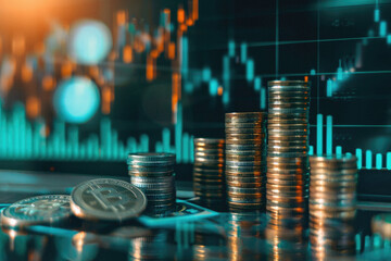 Financial business market money growth concept. Stacks of gold coins with rising arrow global economy prices increase, bank investment revenue. Stock exchange trading charts data background.