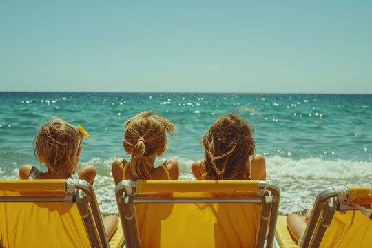 Two young girls sitting on yellow beach chairs, perfect for summer vacation concepts