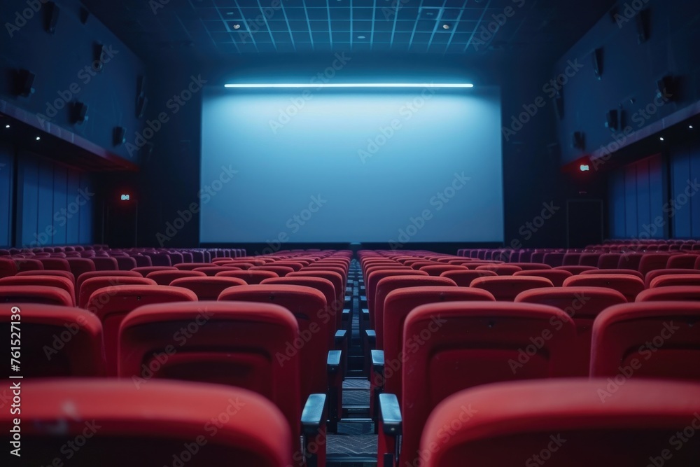 Poster an empty theater with red seats and a projector screen. suitable for entertainment industry promotio