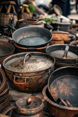 Fototapeta premium Various pots and pans arranged neatly on a table. Ideal for kitchen or cooking related projects
