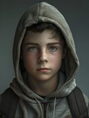 The image portrays a young boy in a grey hoodie, looking at the camera with a somber yet striking expression
