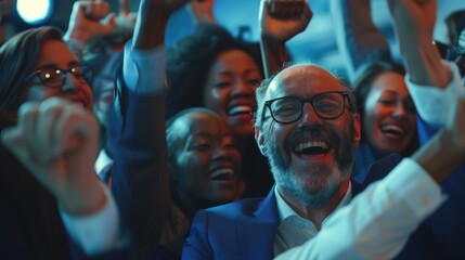 Fototapeta premium A diverse group of people raising their hands in the air. Suitable for team building concepts