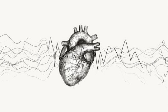 Detailed black and white drawing of a human heart, suitable for medical or educational purposes