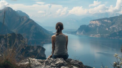 A woman sitting on a rock overlooking a tranquil lake. Perfect for nature and relaxation concepts