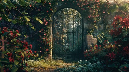 A picturesque garden gate surrounded by beautiful flowers and vines. Perfect for garden and nature themes