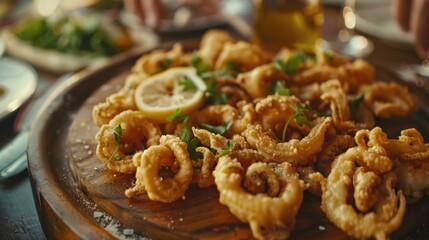 A wooden plate with fried squids and lemon slices, perfect for seafood lovers