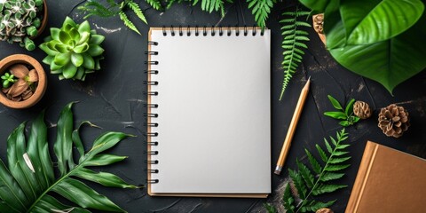 A notepad and pencil placed on a table among various lush green plants. - obrazy, fototapety, plakaty