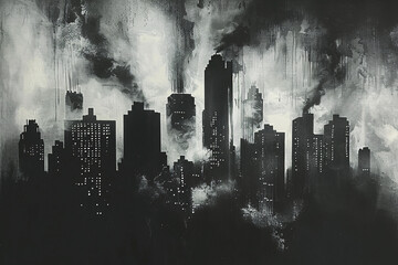 Black and white abstract cityscape with cloud-like smoke above buildings