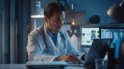 American doctor in medical uniform working with laptop.
