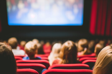 A movie theater with a large screen and red seats. The audience consists of people sitting in rows