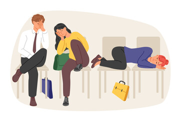 Line of people at labor exchange, sleeping on chairs and waiting for new vacant position in company. Former office employees became forced participants in labor exchange after wave of layoffs