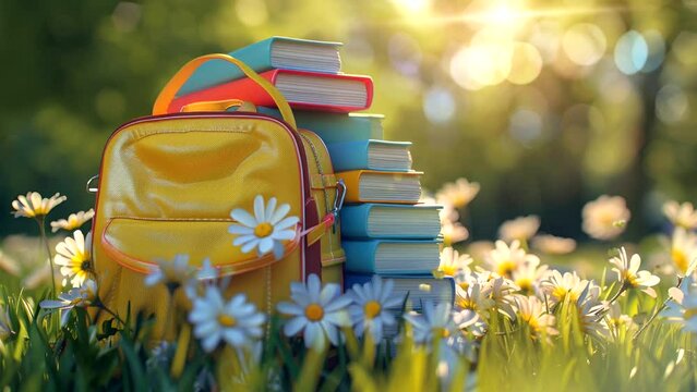 School Bag in the Blooming Garden: A bright yellow school bag sits amidst a profusion of white daisies, accompanied by a stack of books, celebrating the spirit of learning and the joys of the season.