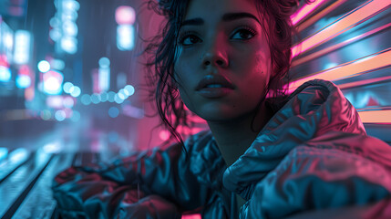 Artistic digital depiction of a pensive woman in a neon-lit urban environment - obrazy, fototapety, plakaty