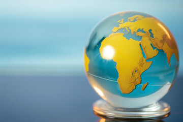 A glass globe with a yellow and blue world map sits on a reflective surface. The background is a blue gradient