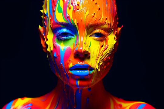Colorful Paint Dripping on Woman's Face in 3D Studio Portrait