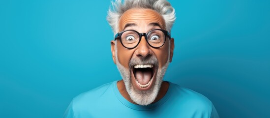 A man with vision care glasses and a beard is wideeyed and smiling in surprise. His jaw dropped as he sees something unexpectedly joyful, showcasing his happy facial expression and eyewear