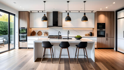 Beautiful new luxury home kitchen interior with kitchen island and wooden floor. Bright, modern,...