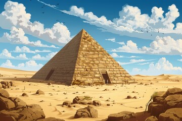 A realistic painting depicting an ancient Egyptian pyramid towering in the vast desert landscape under a clear blue sky