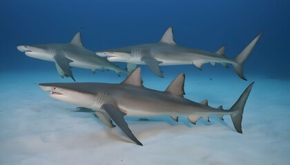 A Group Of Hammerhead Sharks Cruising Along The Oc