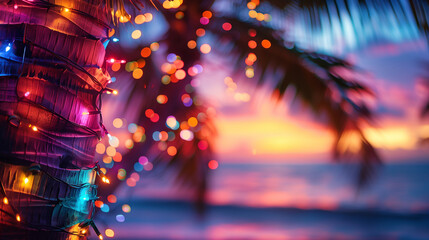 Decorative party lights on coconut tree. Background in holiday style. Summer background concept