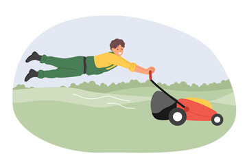 Man gardener uses powerful lawn mower to maintain grass of public park or golf course. Young guy in work uniform flies holding handle of gasoline lawn mower and looks at screen smiling.