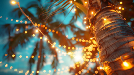 Decorative party lights on coconut tree. Background in holiday style. Summer background concept