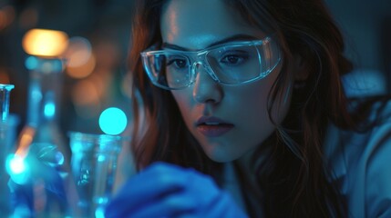 A scientist conducting biotechnology research in a laboratory,  symbolizing scientific exploration and discovery. Model aged 30-45,  female,  engrossed in her experiment.