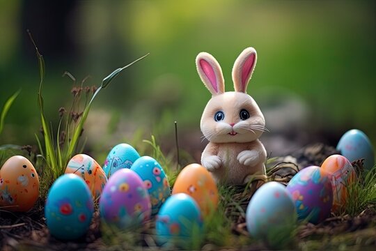 Cute creative photo with easter eggs, some eggs as the Easter Bunny - generative ai