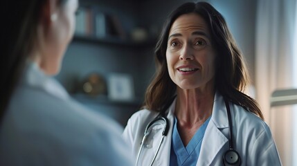 Fototapeta premium Professional female doctor portrait in clinic, compassionate medical consultation scene, healthcare worker in blue scrubs with stethoscope