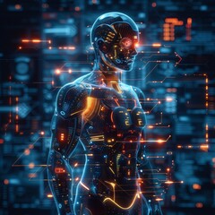 A highly detailed android with glowing neon circuits stands against a backdrop of digital data, representing advanced technology and AI.