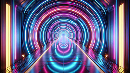 Neon Infinity Passage - Futuristic Tunnel Digital Art for Modern Interior Design