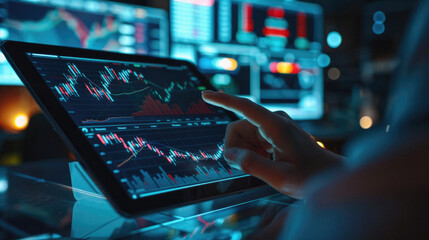 Stock trading investor, trader or broker using crypto exchange platform on digital tablet analysing exchange market chart investing money in financial market on tab screen with pad computer in hands.