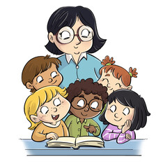 Illustration of a teacher and students reading a book together - 761530516