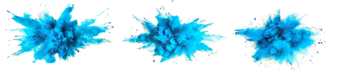 right cyan blue holi color powder burst. industrial print concept Vibrant festival explosion isolated on white - obrazy, fototapety, plakaty