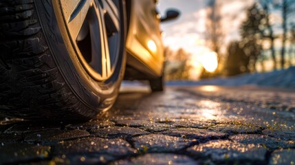 Image of car tires and wet road conditions - obrazy, fototapety, plakaty