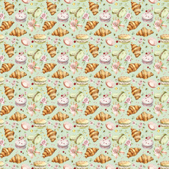 Croissant Macarons Patterns | Digital Pattern & Papers | Seamless Design | Bakery Cake Croissant Macaron Backgrounds | Flowers and Bee