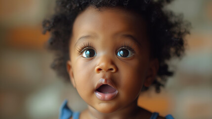 Surprised black baby girl in room. Selective focus. Copy space. 